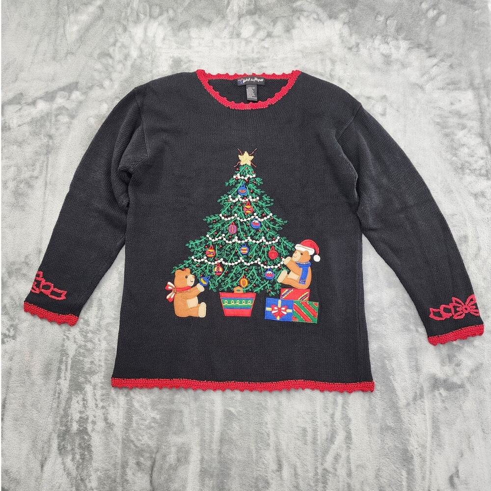 Vintage Work in Progress Sweater Womens M Black Red Embroidered Beaded Christmas